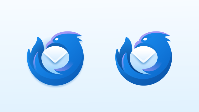 Two versions of a Thunderbird logo, depicting a blue and purple elemental bird wrapped around a circular envelope in a protective embrace. 