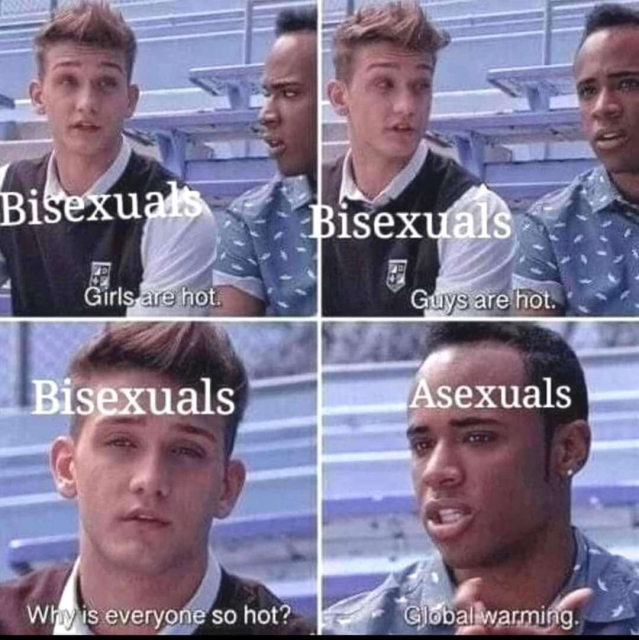 Four panel meme format: “bisexuals: girls are hot. Guys are hot. Why is everyone so hot?” “asexuals: global warming.”
