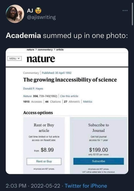 Screenshot of an article from "Nature" magazine entitled "The growing inaccessibility of science" by Donald P Hayes. The article is ironically behind a paywall.