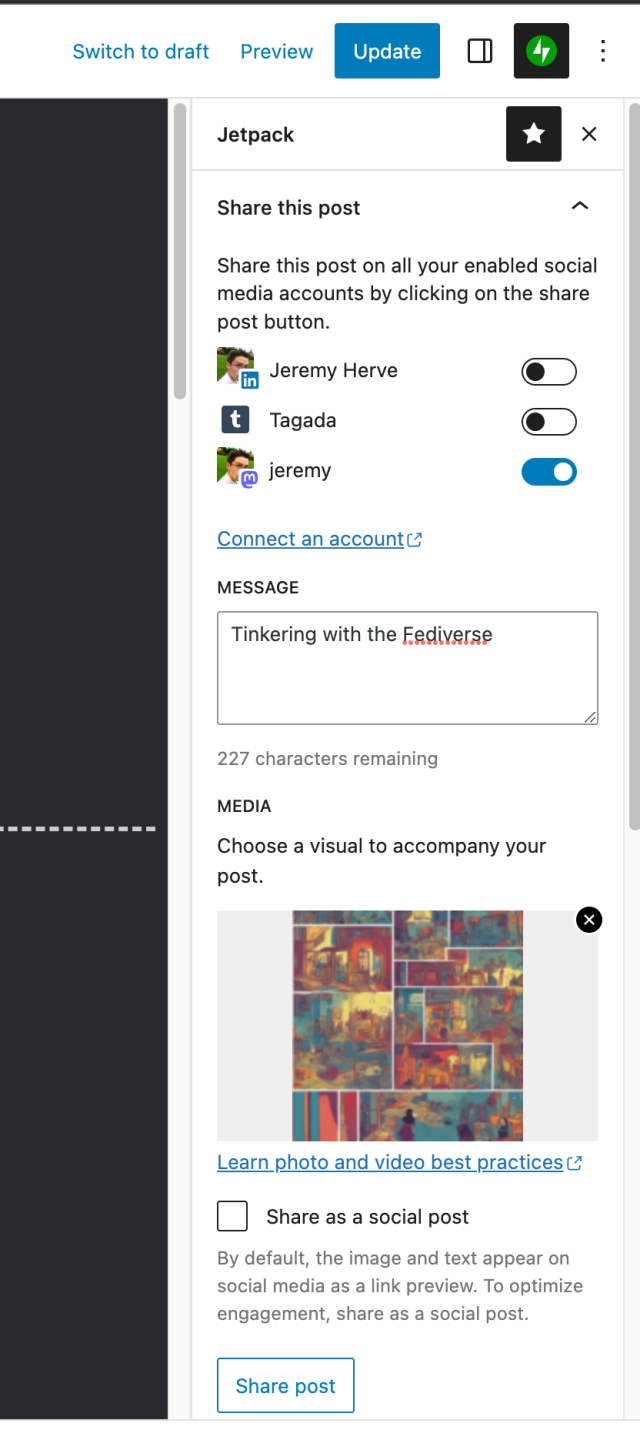 Screenshot of the Jetpack Social interface in the WordPress post editor.