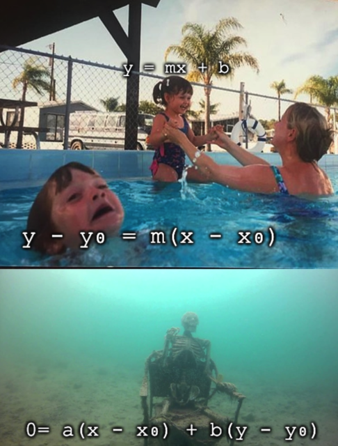 The meme where a mom is playing with her daughter as her son looks like he's gonna drown.

The daughter is y=mx+b

the drowning son is y-y0=m(x-x0)

then deep under the water a skeleton is 
0=a(x-x0)+b(y-y0)