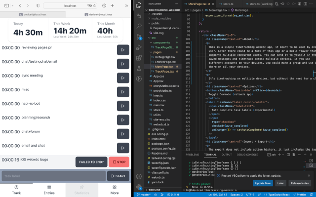 the time tracking app is preview is on the left side in a safari window and on the right side is the vscode code editor with the source code of the project.