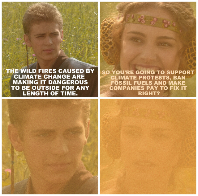 Star Wars meme, with Anakin aware of climate change causing wildfires but not doing anything about it