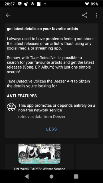 screenshot from the latest F-Droid nightly debug build showing an app that has the NonFreeNet anti-feature, including the reason WHY that anti-feature is there (the app uses a non-free network API, here Deezer).