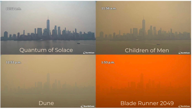 Four webcam captures of New York City showing how the visibility reminds of various movies’ colorist pallets: 
1) 10:02am, smog over skyline is heavy - words “Quantum of Solace” 
2) 11:55am, smog is not thicker and almost brown - words “Children of Men” 
3) 12:53pm, smog is so think now the buildings are hard to see - words “Dune” 
4) 1:53pm, smog is now orange and very thick - words “Blade Runner 2049”