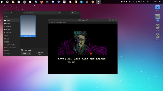 Lutris running All your base are belong to us Flash animation with the Ruffle runner