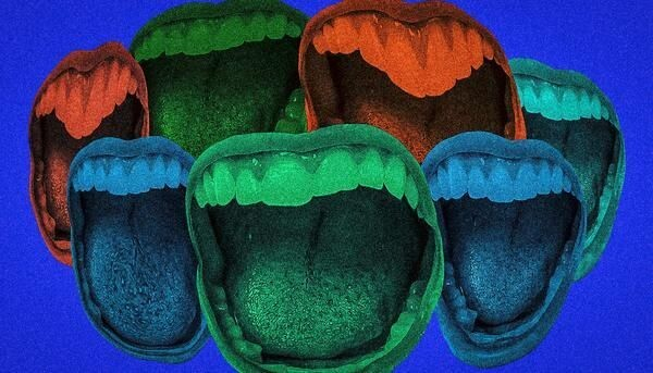 Montaje con bocas gigantes y deformadas de colores rojo verde y azul riéndose. Por Sancho R. Somalo