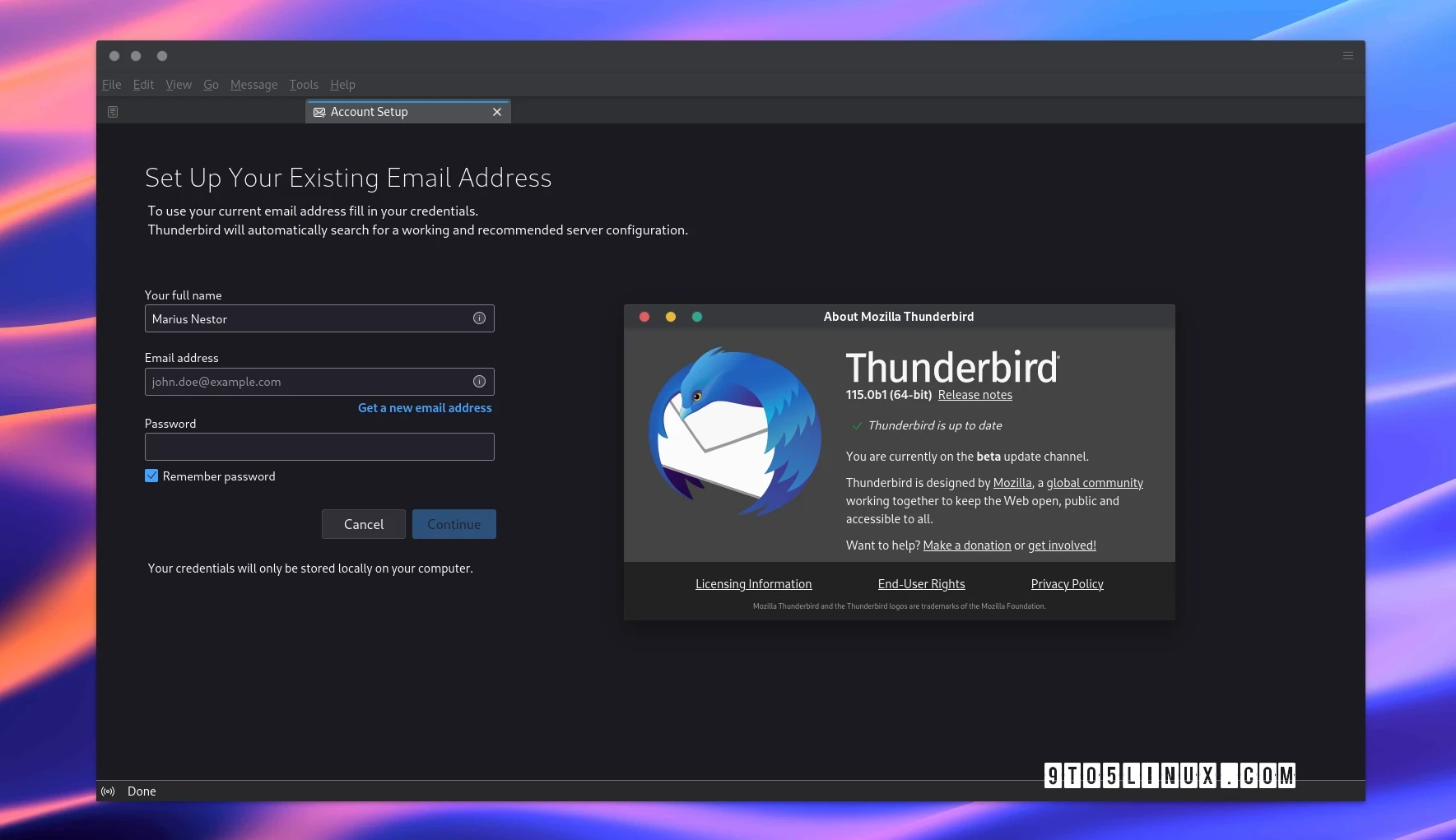 Screenshot of the Thunderbird 115 beta email client.