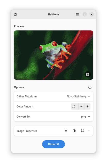 Screenshot of Halftone's main window. The image selected is a picture of a frog on a plant, looking toward the viewer. Below it is a list of dithering options.