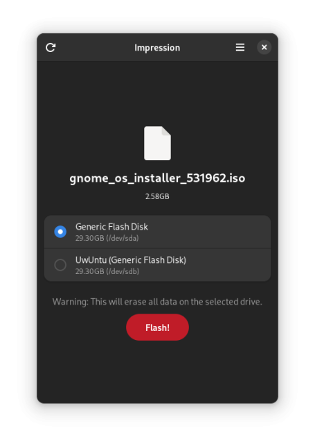 Screenshot of Impression's main window. It shows the name of the .iso file the user selected above a list of two devices with the top device selected. Below the list there's a big red "Flash!" button and a warning that all data on the selected device will be erased.