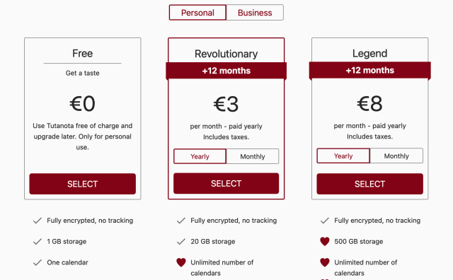 Screenshot of the Tutanota pricing page