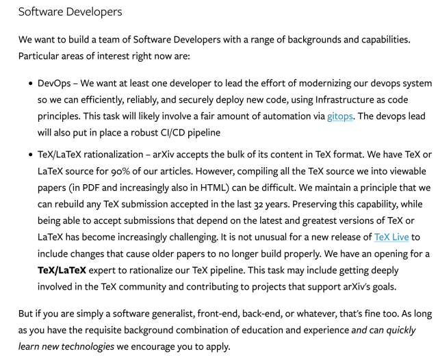 arXiv advertisement for Software Developers - covering DevOps, TeX/LaTeX as well as software generalists eager to quickly learn new technologies.