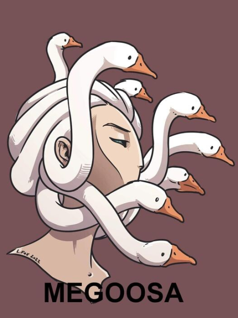 Megoosa.

Medusa, but with long goose necks for hair.
