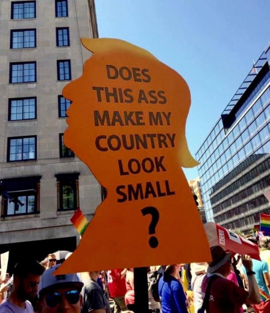 A photo of protesters in the street. One big orange sign, cut to a silhouette of Donald Trump reads: DOES THIS ASS MAKE MY COUNTRY LOOK SMALL?