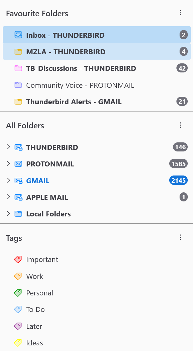 The folder pane of Thunderbird 115 Beta, separated by Folder Mode categories like "Favorite Folders," "All Folders" and "Tags." 