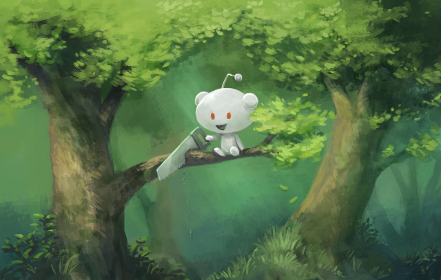 A digital painting of a forest, with the Reddit mascott sitting on a branch with a saw, cutting the branch.

License: Creative Commons Attribution (but contain a trademark character, so mind this if you reuse).