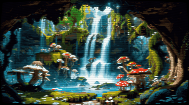 Pixel art of a mystical cascade surrounded by a forest of towering trees and an array of curious fungi. The waterfall cascades into a serene stream that winds its way through the lush forest, creating a tranquil ambiance that is both soothing and calming. The vibrant colour and intricate details of this scene transport you to a magical realm where nature reigns supreme. The forest in the foreground is a breathtaking sight to behold, with its thick canopy of trees and lush vegetation that seems to stretch on endlessly. The mushrooms growing on the forest floor add an element of curiosity and intrigue to the scene, making you wonder what other magical secrets this enchanted forest might hold. The image has a CRT filter applied.
