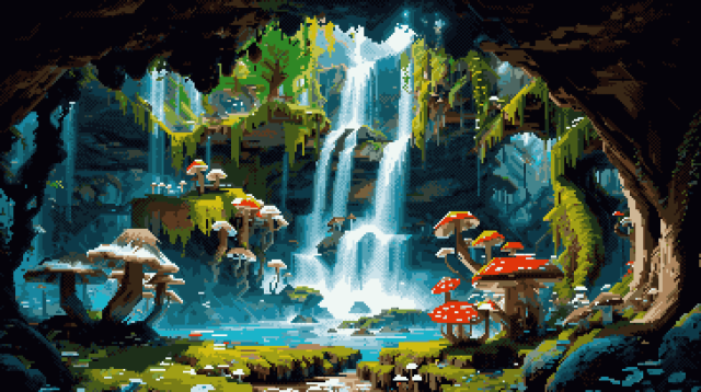 Pixel art of a mystical cascade surrounded by a forest of towering trees and an array of curious fungi. The waterfall cascades into a serene stream that winds its way through the lush forest, creating a tranquil ambiance that is both soothing and calming. The vibrant colour and intricate details of this scene transport you to a magical realm where nature reigns supreme. The forest in the foreground is a breathtaking sight to behold, with its thick canopy of trees and lush vegetation that seems to stretch on endlessly. The mushrooms growing on the forest floor add an element of curiosity and intrigue to the scene, making you wonder what other magical secrets this enchanted forest might hold.