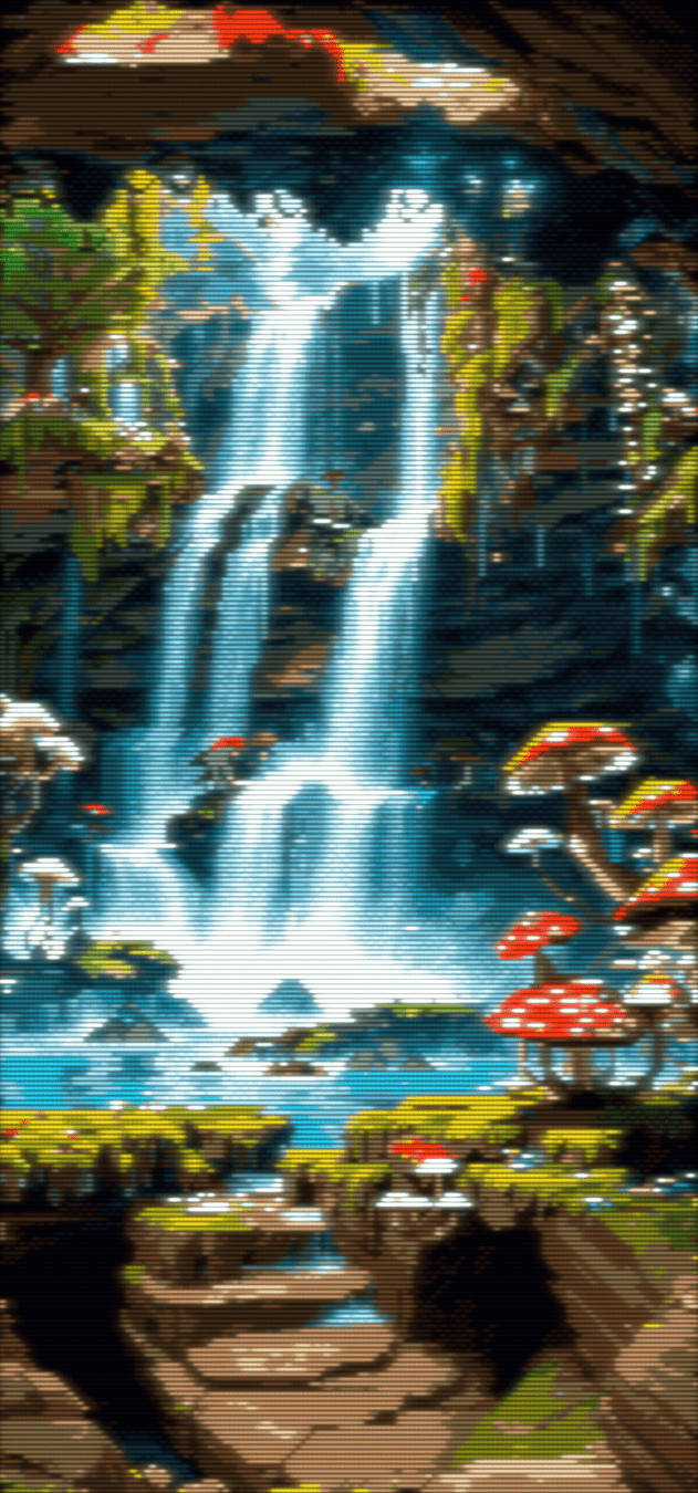 Phone wallpaper version of a pixel art of a mystical cascade surrounded by a forest of towering trees and an array of curious fungi. The waterfall cascades into a serene stream that winds its way through the lush forest, creating a tranquil ambiance that is both soothing and calming. The vibrant colour and intricate details of this scene transport you to a magical realm where nature reigns supreme. The forest in the foreground is a breathtaking sight to behold, with its thick canopy of trees and lush vegetation that seems to stretch on endlessly. The mushrooms growing on the forest floor add an element of curiosity and intrigue to the scene, making you wonder what other magical secrets this enchanted forest might hold. The image has a CRT filter applied.