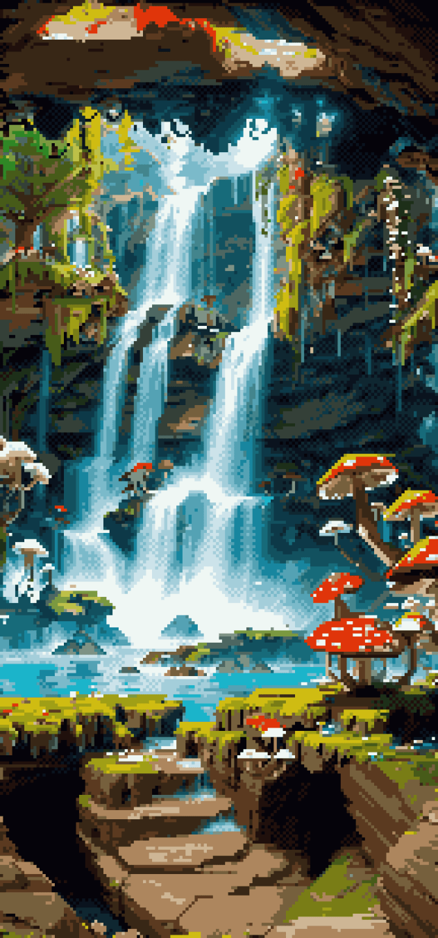 Phone wallpaper version of a pixel art of a mystical cascade surrounded by a forest of towering trees and an array of curious fungi. The waterfall cascades into a serene stream that winds its way through the lush forest, creating a tranquil ambiance that is both soothing and calming. The vibrant colour and intricate details of this scene transport you to a magical realm where nature reigns supreme. The forest in the foreground is a breathtaking sight to behold, with its thick canopy of trees and lush vegetation that seems to stretch on endlessly. The mushrooms growing on the forest floor add an element of curiosity and intrigue to the scene, making you wonder what other magical secrets this enchanted forest might hold.
