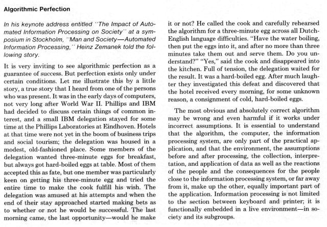 Screenshot from a journal article titled "Algorithmic Perfection" about trying to design the perfect algorithm for hard-boiling eggs, only to discover the algorithm was failing because the eggs were hard-boiled from the start.