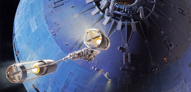 McQuarrie's 1975 painting "Y-Wing Attacks the Death Star" shows a metallic blue proto-Death Star in the background. Two Y-Wing fighters in the foreground are diving towards it. 