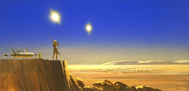 McQuarrie’s concept painting of Luke Skywalker standing on a bluff, looking at a distant Mos Eisley through binoculars. He is carrying a long rifle, and his land speeder is recognizable behind him. You can just make out 3PO and R2 next to the vehicle.