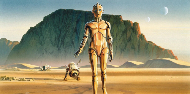 Two droids, early visions of C-3PO and R2-D2, moving across a desert. The tall golden droid resembles the C-3PO of the movie, but has the sleek, art deco look of Maria from the film "Metropolis." A canister-shaped R2-D2 is in the background.