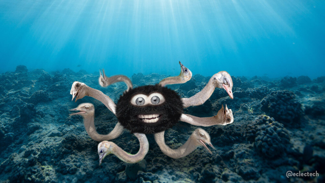 An underwater scene. Rays of sun shine down from the surface. On the sea floor floats a, erm, thing. It has a black fluffy feathery body with a large smiling mouth and happy eyes. It has 8 tentacles that are ostrich necks and heads. I blame the heat. It is VERY hot today.