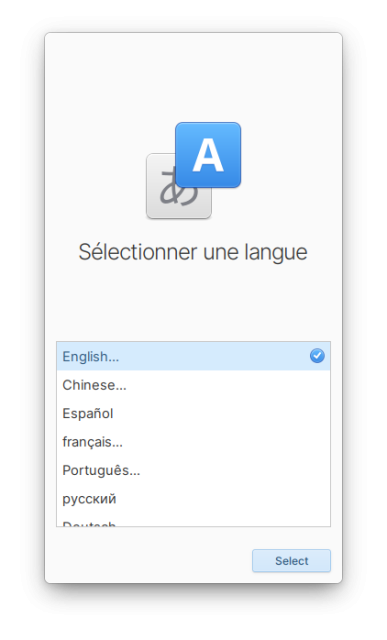 A screenshot of Initial Setup's language selection screen at mobile size and aspect ratio