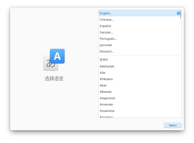 A screenshot of Initial Setup's language selection screen at a desktop size and aspect ratio