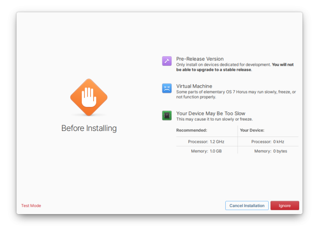 The elementary OS Installer's "Check View" which features an orange diamond icon with a white hand in a "stop" position on the left and several smaller icons on the right along with various warnings