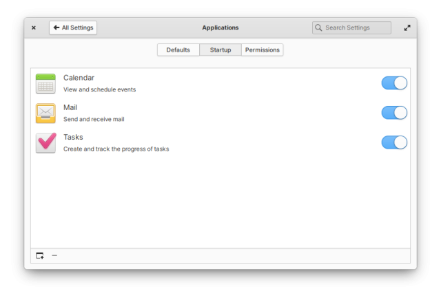 elementary OS Settings > Applications > Startup panel. There are toggles for the applications Calendar, Mail, and Tasks.