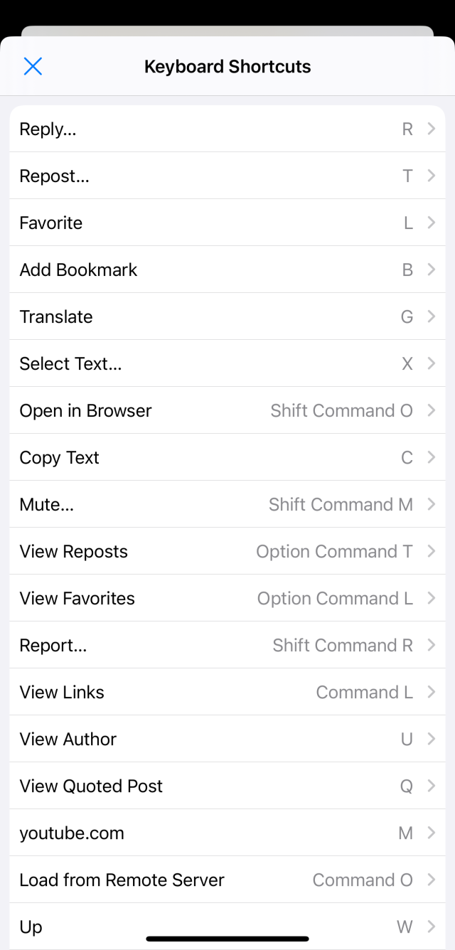 Screenshot of keyboard shortcut browser on iPhone, with shortcuts such as reply, repost, and favorite.