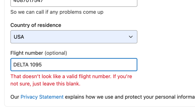 Web form with Flight number input. Error message states "That doesn't look like a valid flight number. If you're not sure, just leave this blank."