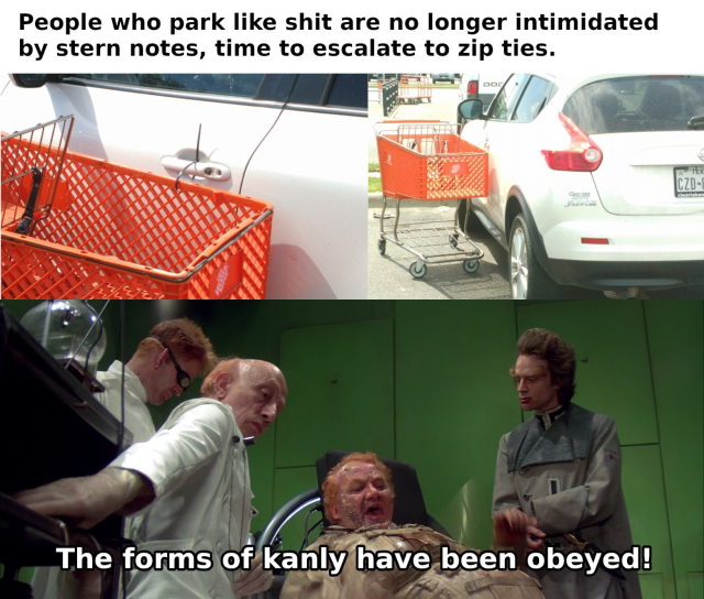 In the upper part: two photos of a cart tied with a zip tie to a car that has been parked in an exceptionally poor way. The caption says: "People who park like shit are no longer intimidated by stern notes, time to escalate to zip ties."

In the lower part a scene from David Lynch's movie Dune. The baron Vladimir Harkonnen screams in anger: "The forms of kanly have been obeyed!"
