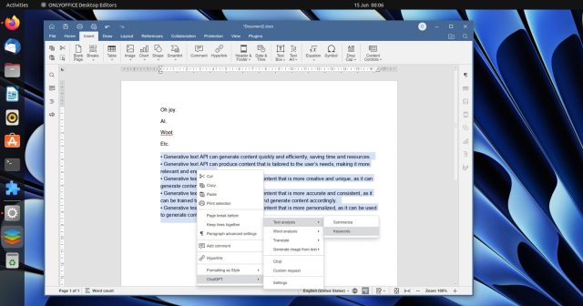 screenshot showing how ChatGPT integration looks in ONLYOFFICE 7.4