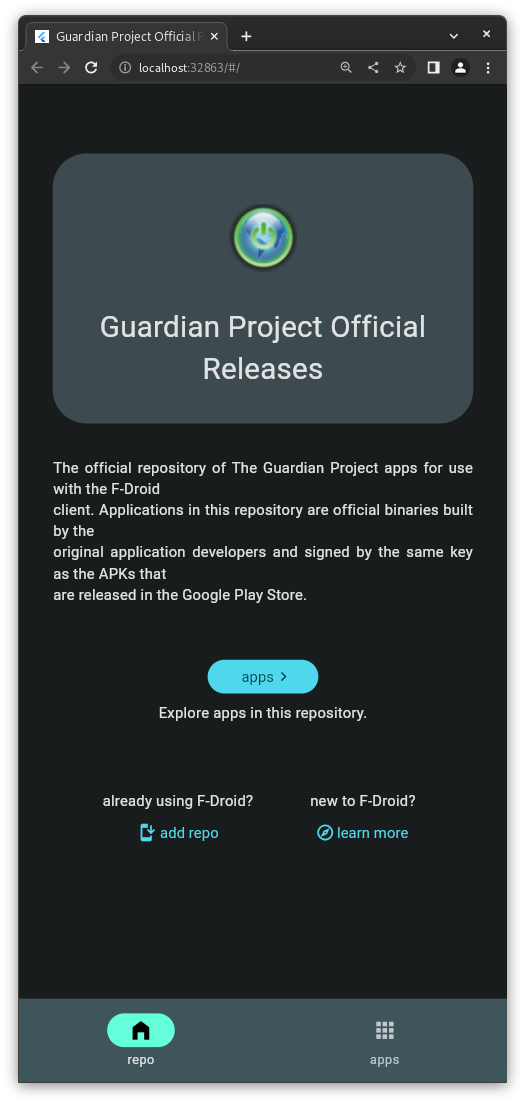 Screenshot of an app-like website, showing basic info's of the guardian projects F-Droid repository.