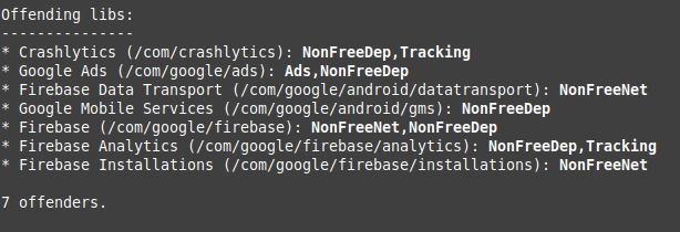 For the very same app: Results by my library scanner, showing the app contains libraries of 2 Analytics frameworks (Crashlytics, Firebase Analytics) plus Google Ads. This must mean that Google is no "third party" and doesn't collect any data. And the pope is muslim I guess, or so.
