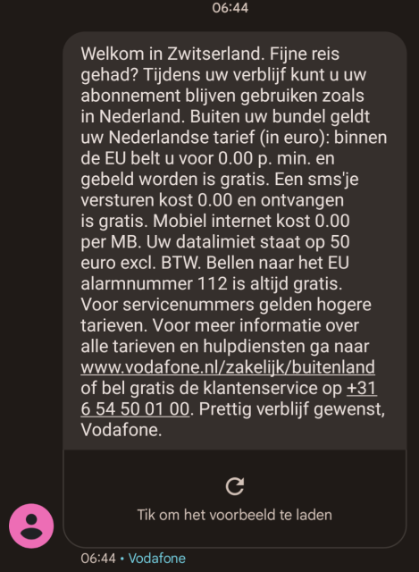 Uvítací SMS nizozemského Vodafone při návštěvě Švýcarska: internet stojí stejně jako doma.