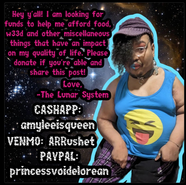 A fundraiser to help The Lunar System, a Black trans person, with living expenses. The top left corner of the flyer says: "Hey y'all! I am looking for funds to help me afford food, weed and other miscellaneous things that have an impact on my quality of life. Please donate if you're able and share this post! Love, - The Lunar System." The right corner of flyer has the Lunar System standing up wearing a silly face emoji shirt, a purple hat, a collar with a ring, purple pants with yellow stripes, clear glasses, and brick-red eye shadow.  The pay links are: Cashapp - $amyleeisqueen. Venmo - @ARRushet. And Paypal: princessvoidelorean.