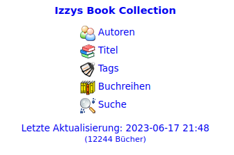 Izzy's eBook Server: Startseite des Katalogs mit Einstiegspunkten. Angeboten wird das Auflisten nach Autoren, Buchtiteln, Tags (Kategorien) und Buchreihen sowie eine Suche.