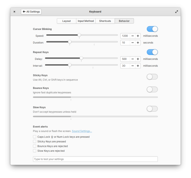 A screenshot of System Settings→ Keyboard → Behavior containing many more new options such as Sticky Keys, Bounce Keys, and Slow Keys