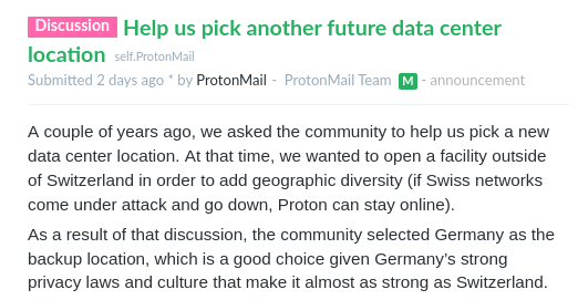 Excerpt from Protonmail's Reddit post stating that Germany is a good place for privacy