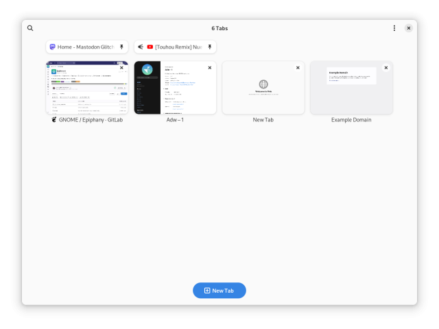 Screenshot of Epiphany showing new tab overview view