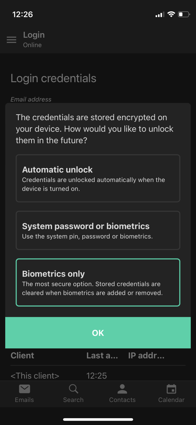 Screenshot of the Tutanota app, Settings -> Login credentials