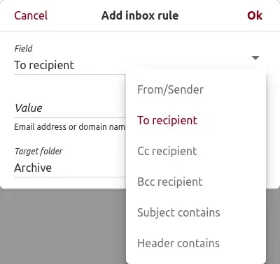 Screenshot of Tutanota's inox rule feature. You can filter e-mails by sender, recipient, CC, BCC, subject or header contents and assign a target folder where the e-mails shall be moved into.
