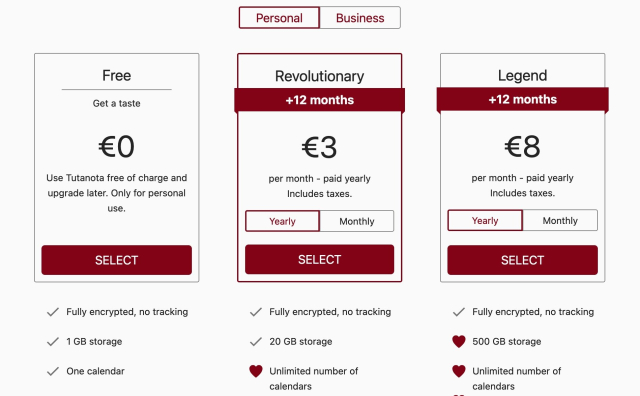 Screenshot of the Tutanota homepage with pricing plans.