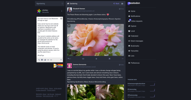 Screenshot of Mastodon being used through the desktop website interface on a computer. There is a main column in the middle, a post editing column on the left and options links on the right.