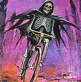 A skeleton wearing a hooded cape riding a bicycle